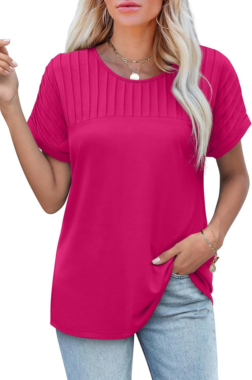 imageXIEERDUO Womens T Shirts Casual Summer Tops Pleated Crewneck Short Sleeve Blouses Trendy Beach Vacation ClothesHot Pink