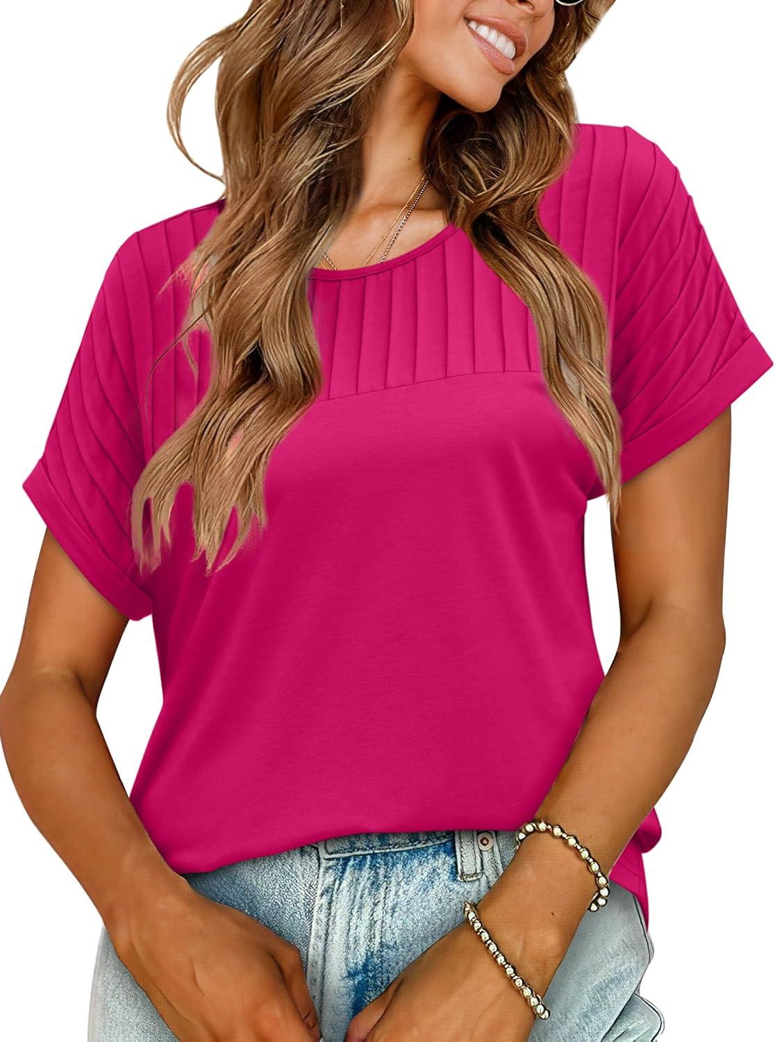 imageXIEERDUO Womens T Shirts Casual Summer Tops Pleated Crewneck Short Sleeve Blouses Trendy Beach Vacation ClothesHot Pink