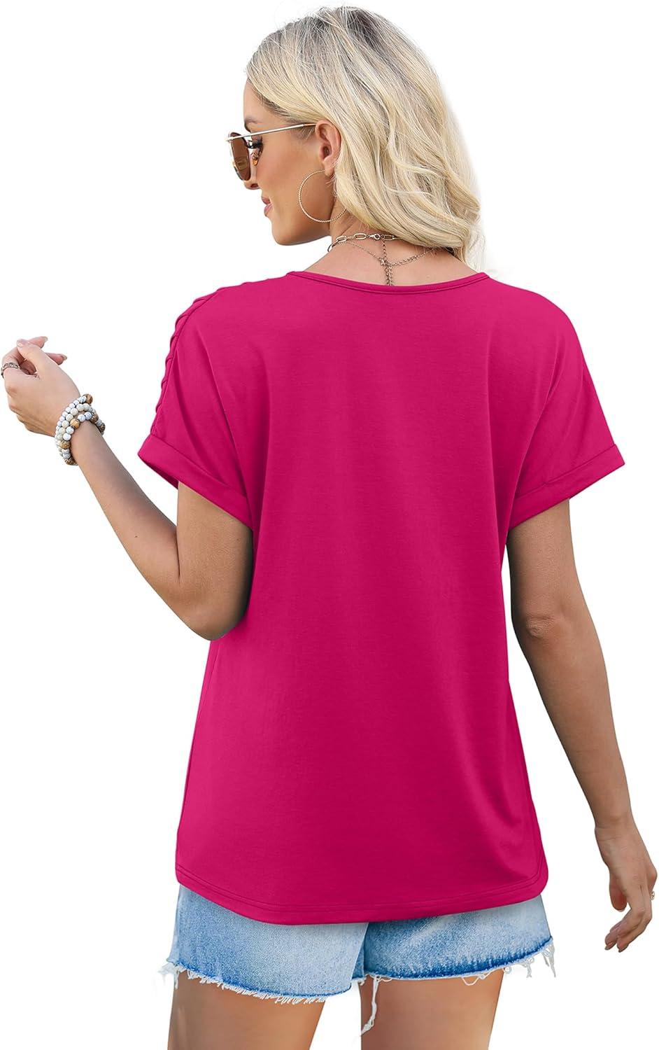 imageXIEERDUO Womens T Shirts Casual Summer Tops Pleated Crewneck Short Sleeve Blouses Trendy Beach Vacation ClothesHot Pink