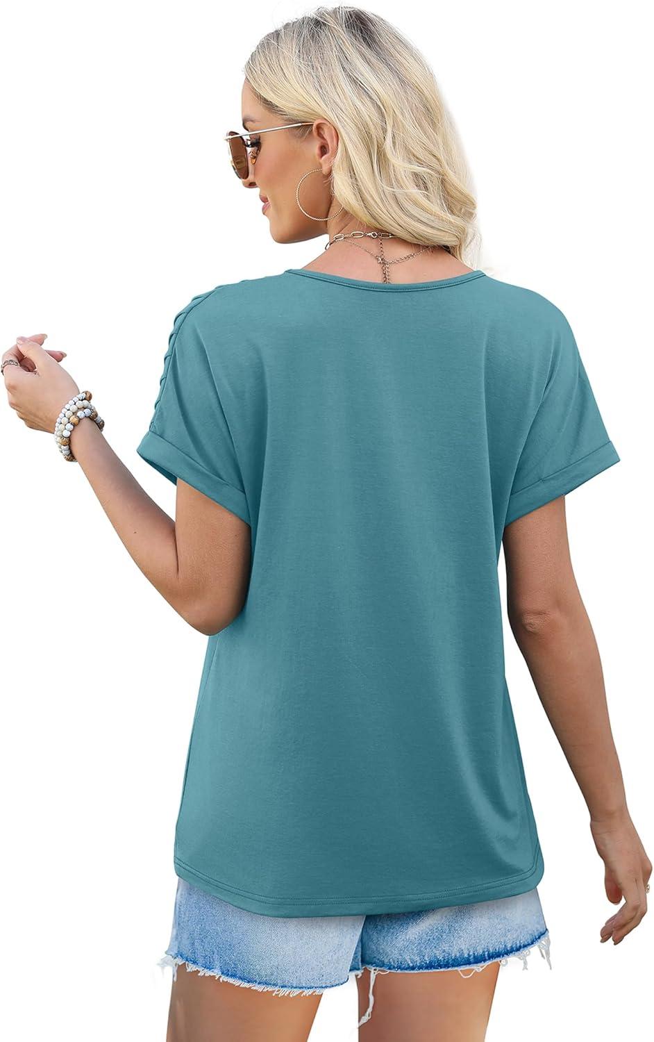 imageXIEERDUO Womens T Shirts Casual Summer Tops Pleated Crewneck Short Sleeve Blouses Trendy Beach Vacation ClothesTurquoise