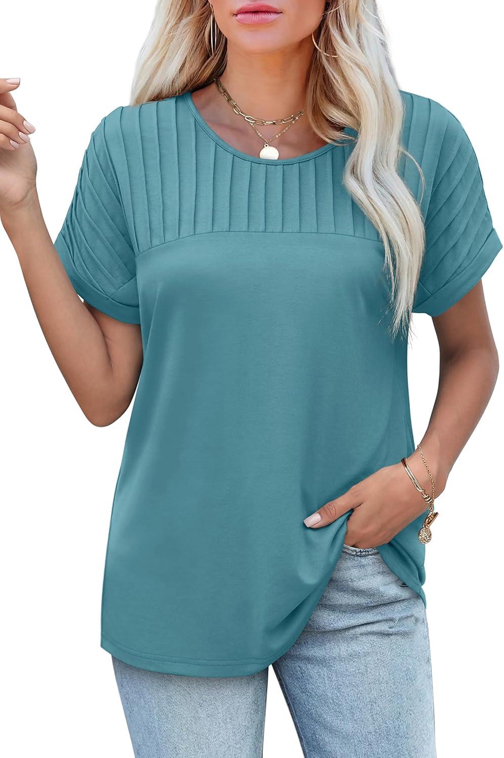 imageXIEERDUO Womens T Shirts Casual Summer Tops Pleated Crewneck Short Sleeve Blouses Trendy Beach Vacation ClothesTurquoise