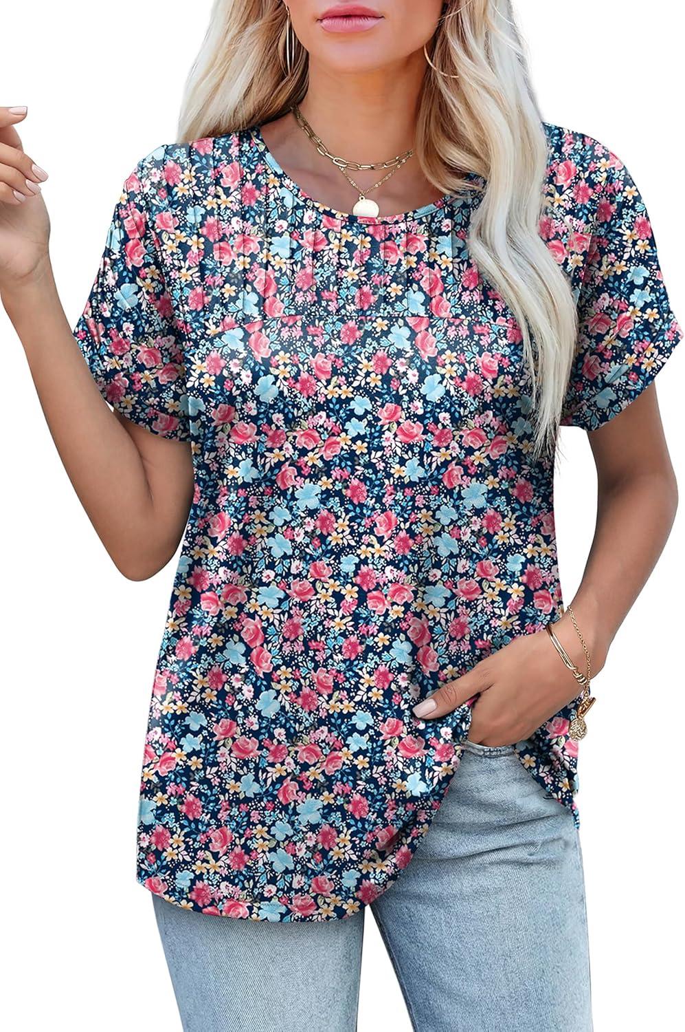 imageXIEERDUO Womens T Shirts Casual Summer Tops Pleated Crewneck Short Sleeve Blouses Trendy Beach Vacation ClothesZ Blue Flower