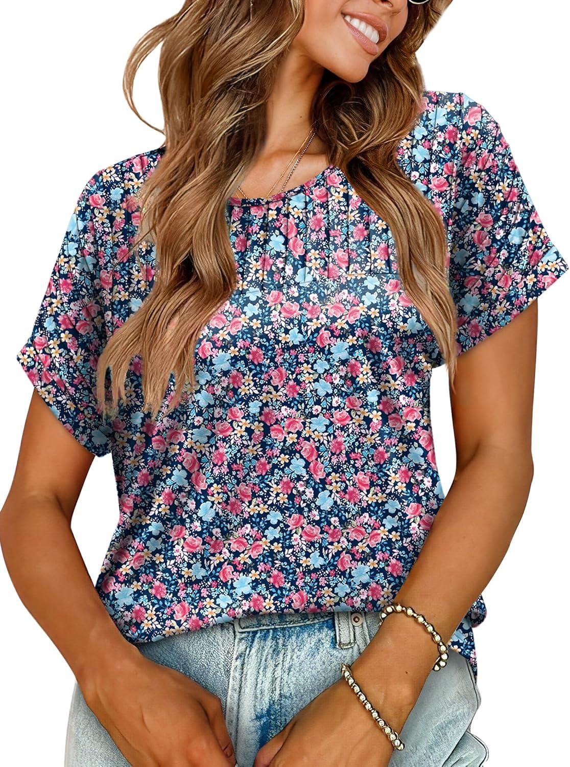 imageXIEERDUO Womens T Shirts Casual Summer Tops Pleated Crewneck Short Sleeve Blouses Trendy Beach Vacation ClothesZ Blue Flower