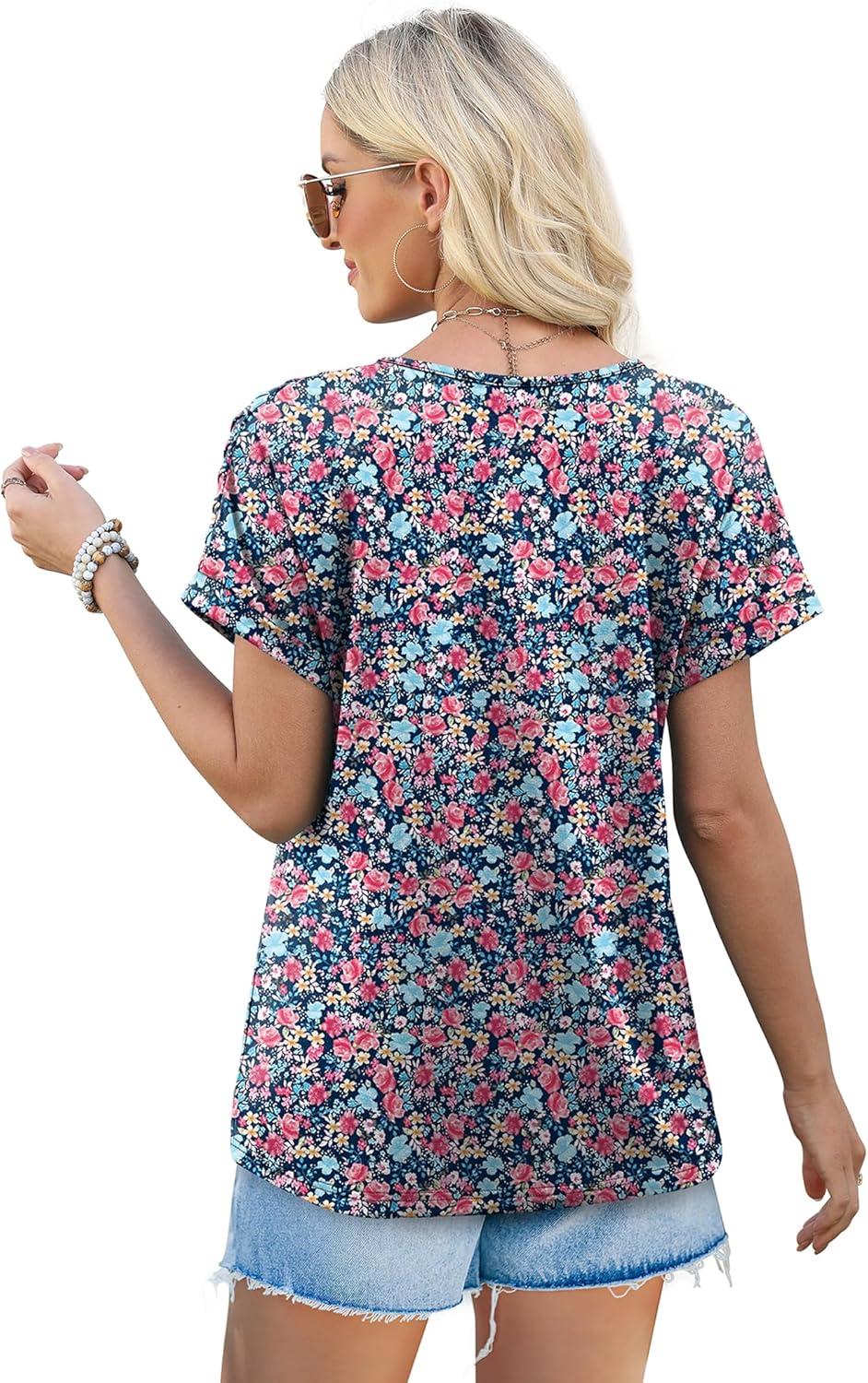imageXIEERDUO Womens T Shirts Casual Summer Tops Pleated Crewneck Short Sleeve Blouses Trendy Beach Vacation ClothesZ Blue Flower