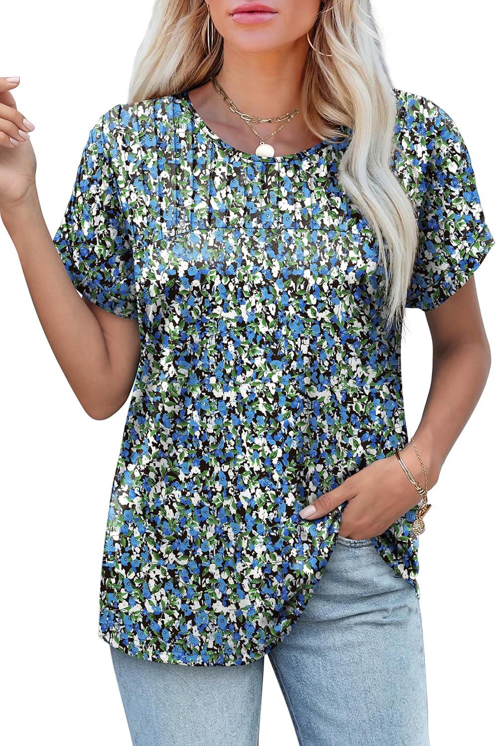 imageXIEERDUO Womens T Shirts Casual Summer Tops Pleated Crewneck Short Sleeve Blouses Trendy Beach Vacation ClothesZ Floral Blue