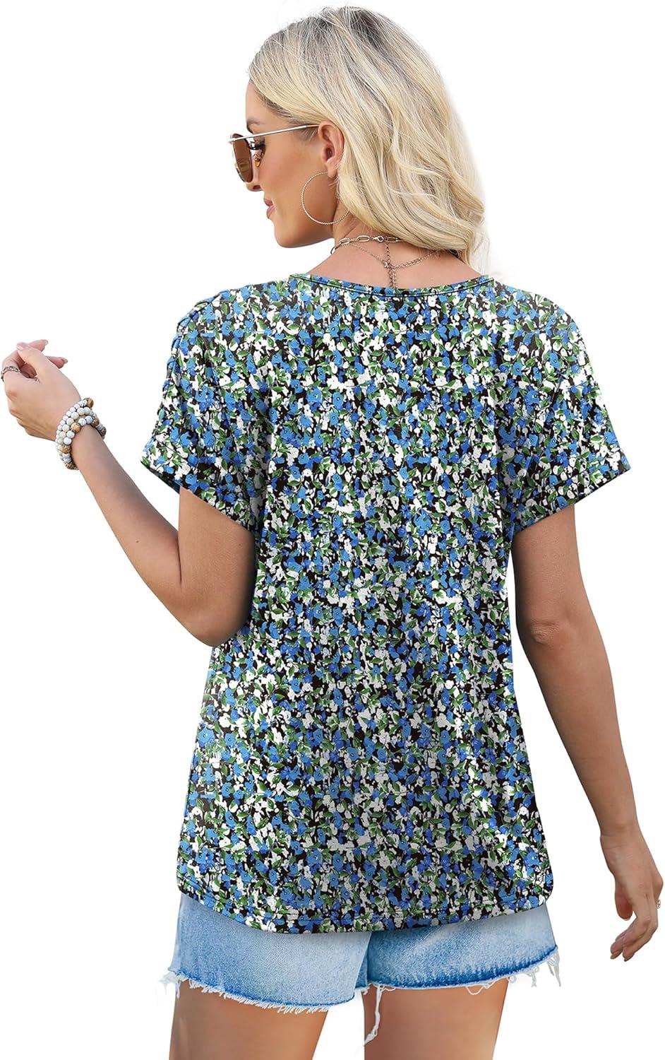 imageXIEERDUO Womens T Shirts Casual Summer Tops Pleated Crewneck Short Sleeve Blouses Trendy Beach Vacation ClothesZ Floral Blue