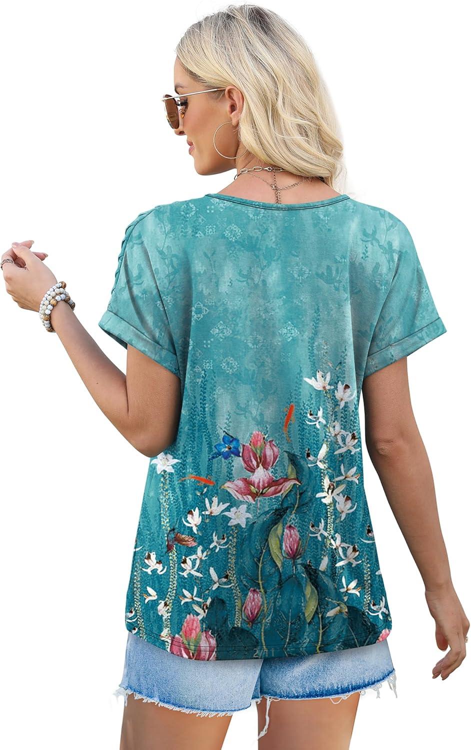 imageXIEERDUO Womens T Shirts Casual Summer Tops Pleated Crewneck Short Sleeve Blouses Trendy Beach Vacation ClothesZ Floral Green