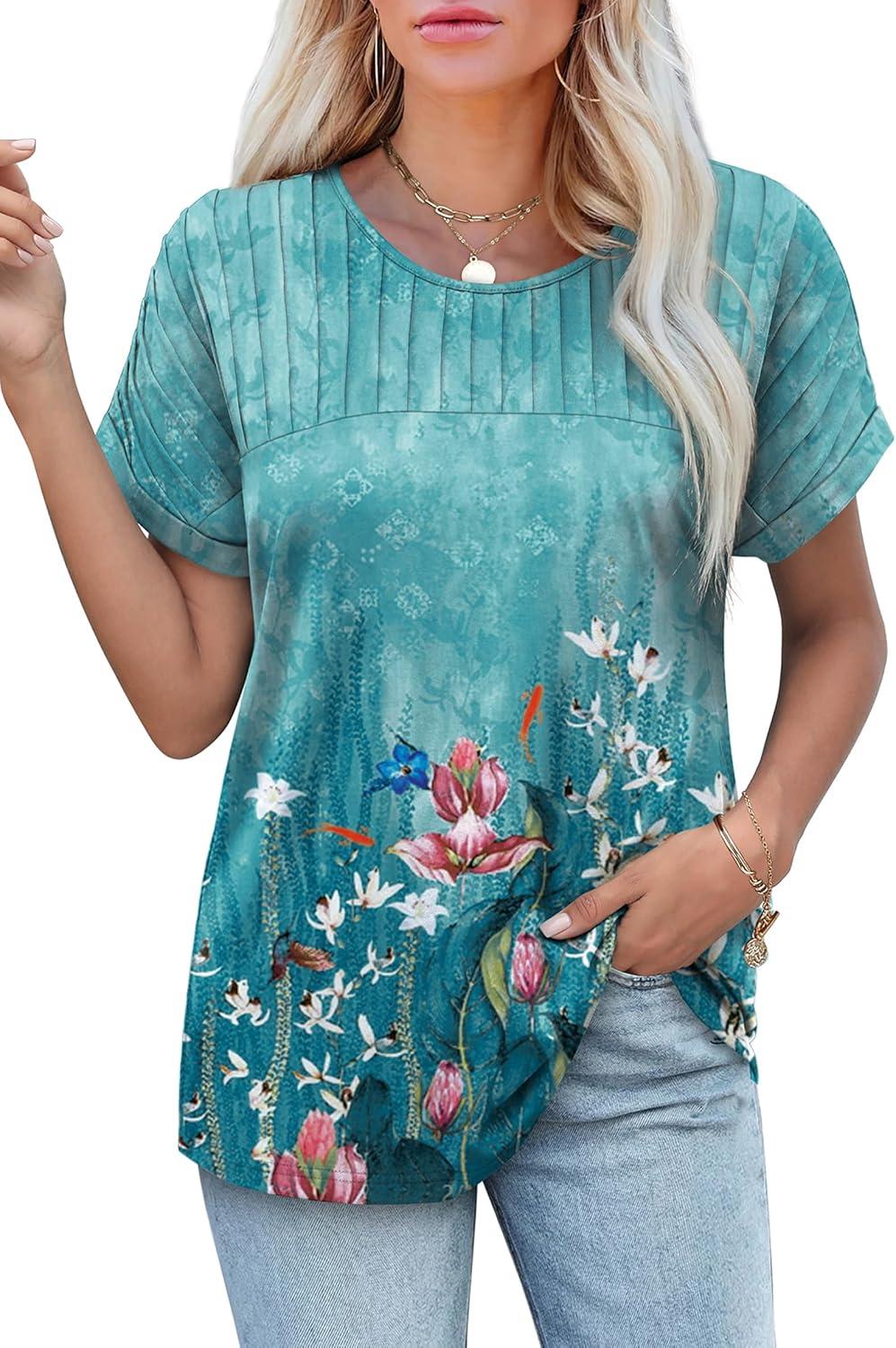 imageXIEERDUO Womens T Shirts Casual Summer Tops Pleated Crewneck Short Sleeve Blouses Trendy Beach Vacation ClothesZ Floral Green