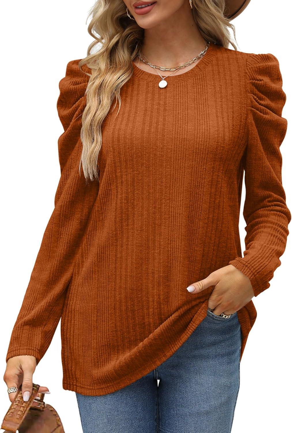 imageXIEERDUO Womens Tops Dressy Casual Crewneck Cute Shirts Puff Sleeve Tunic Tops