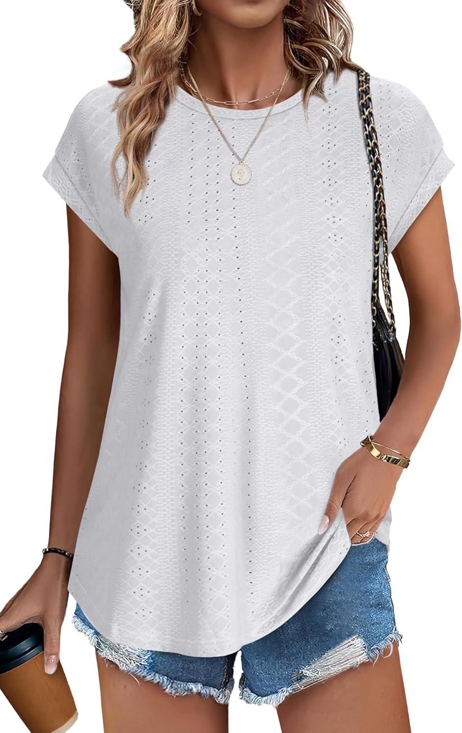 imageXIEERDUO Womens Tops Short Sleeve Shirts Blouses for Women Dressy Casual Cap Sleeve Tops with Curved HemAwhite