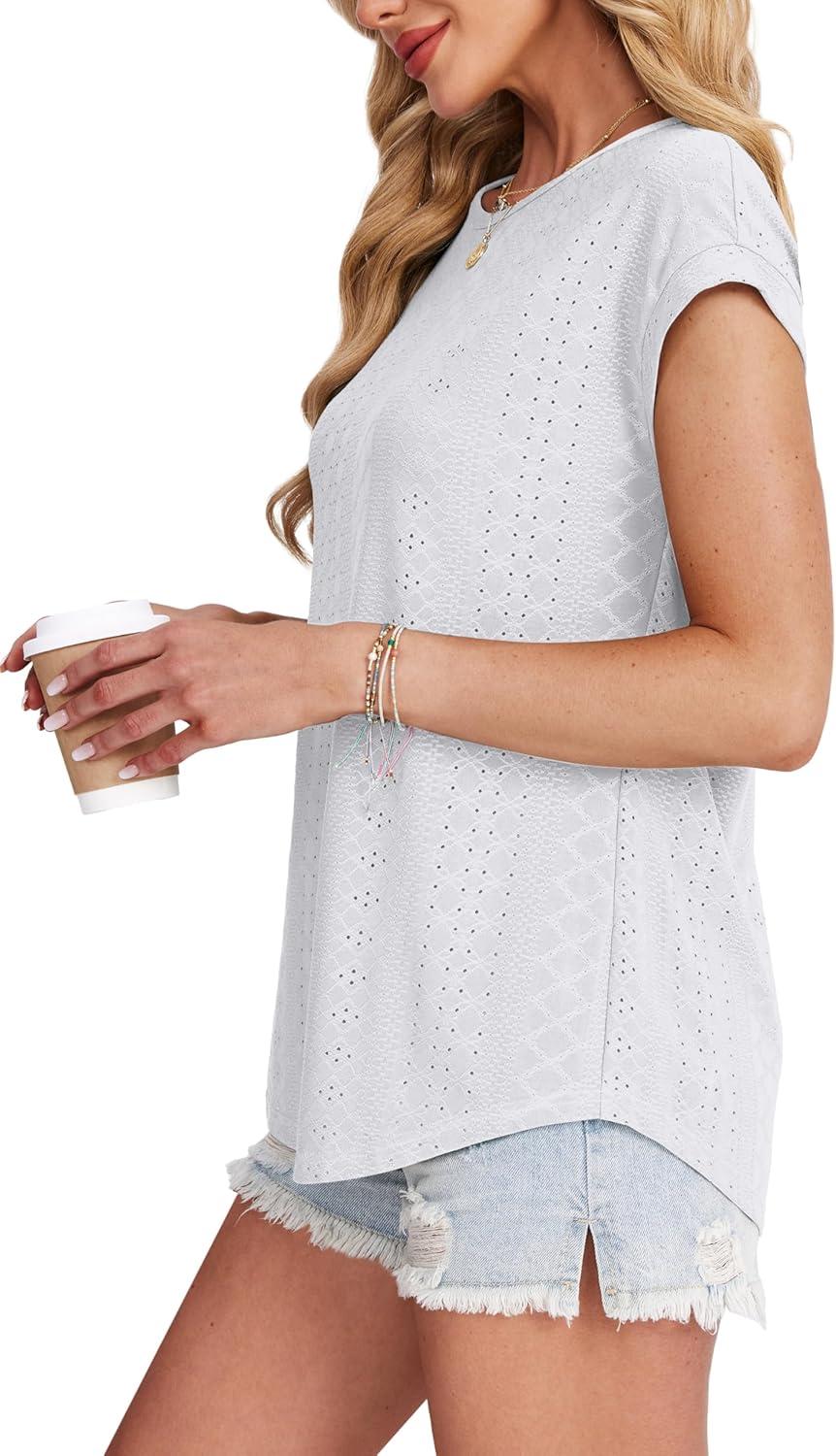 imageXIEERDUO Womens Tops Short Sleeve Shirts Blouses for Women Dressy Casual Cap Sleeve Tops with Curved HemAwhite