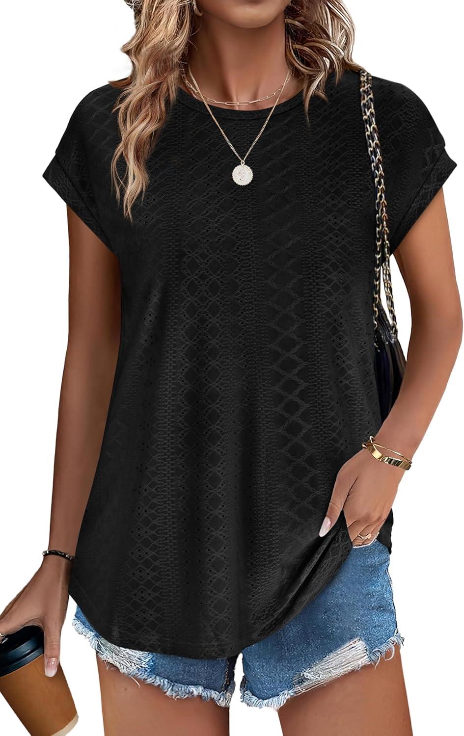 imageXIEERDUO Womens Tops Short Sleeve Shirts Blouses for Women Dressy Casual Cap Sleeve Tops with Curved HemBblack