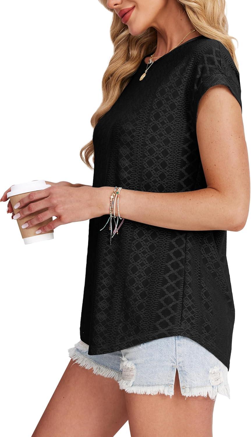 imageXIEERDUO Womens Tops Short Sleeve Shirts Blouses for Women Dressy Casual Cap Sleeve Tops with Curved HemBblack