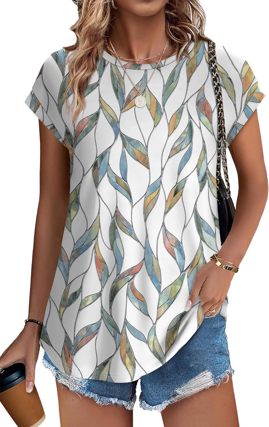 imageXIEERDUO Womens Tops Short Sleeve Shirts Blouses for Women Dressy Casual Cap Sleeve Tops with Curved HemCcolorful Leaf