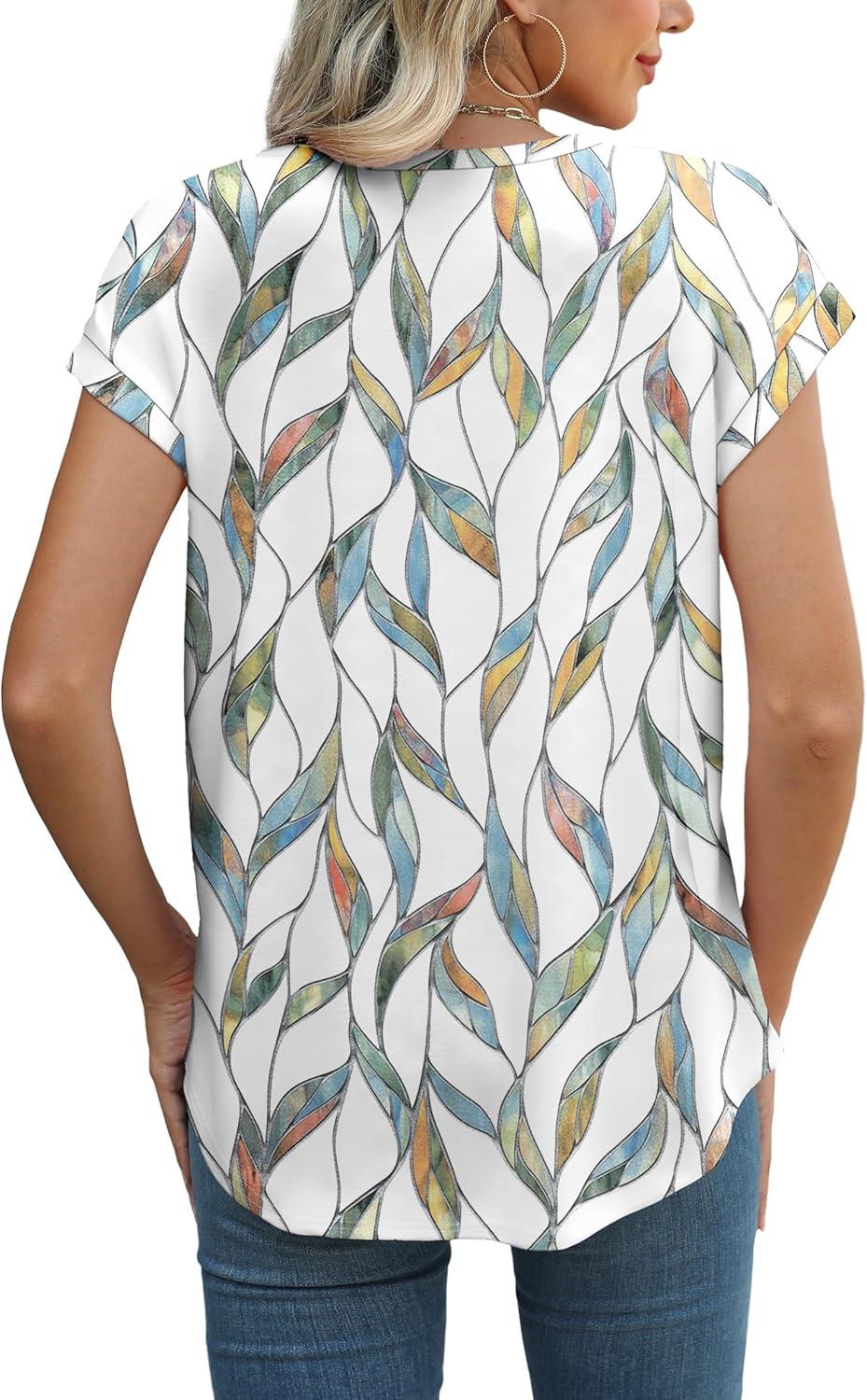 imageXIEERDUO Womens Tops Short Sleeve Shirts Blouses for Women Dressy Casual Cap Sleeve Tops with Curved HemCcolorful Leaf