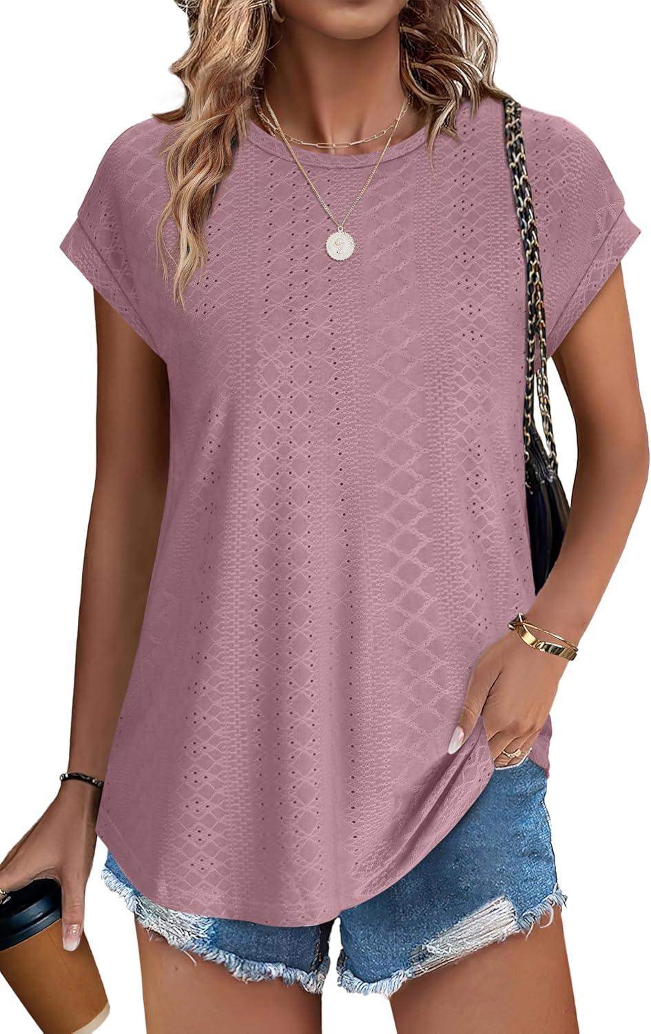 imageXIEERDUO Womens Tops Short Sleeve Shirts Blouses for Women Dressy Casual Cap Sleeve Tops with Curved HemDpink