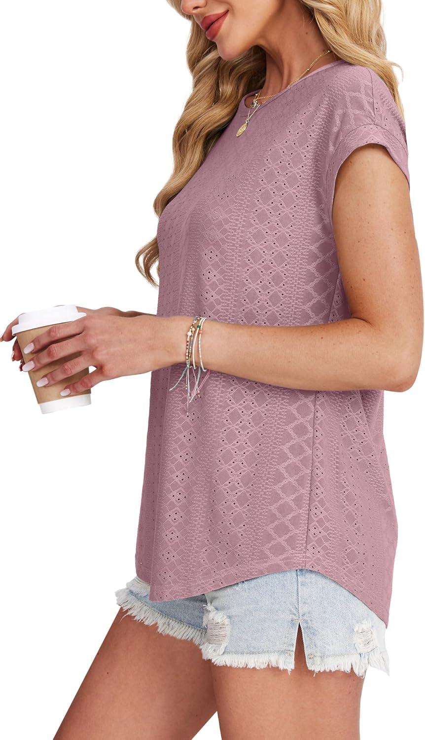 imageXIEERDUO Womens Tops Short Sleeve Shirts Blouses for Women Dressy Casual Cap Sleeve Tops with Curved HemDpink