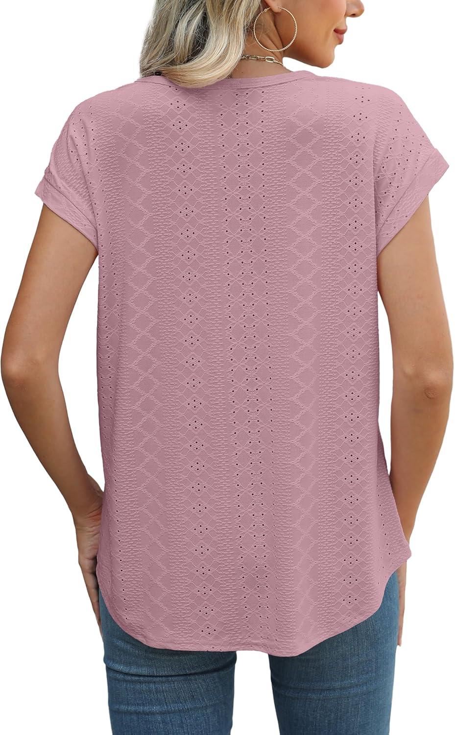 imageXIEERDUO Womens Tops Short Sleeve Shirts Blouses for Women Dressy Casual Cap Sleeve Tops with Curved HemDpink