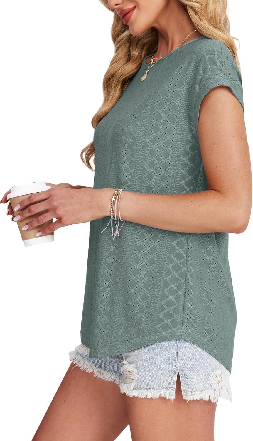 imageXIEERDUO Womens Tops Short Sleeve Shirts Blouses for Women Dressy Casual Cap Sleeve Tops with Curved HemEgreen Blue