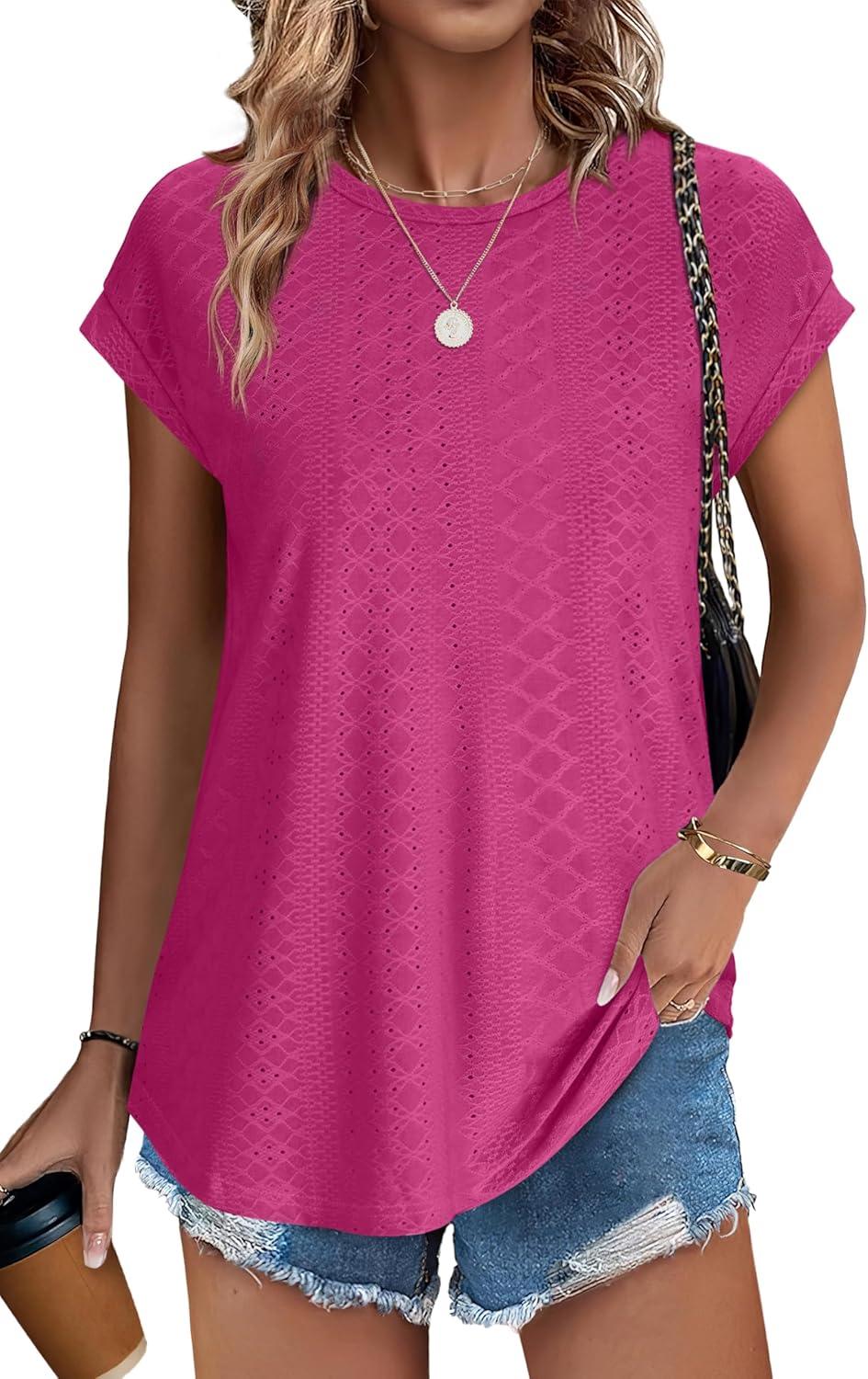 imageXIEERDUO Womens Tops Short Sleeve Shirts Blouses for Women Dressy Casual Cap Sleeve Tops with Curved HemFhot Pink