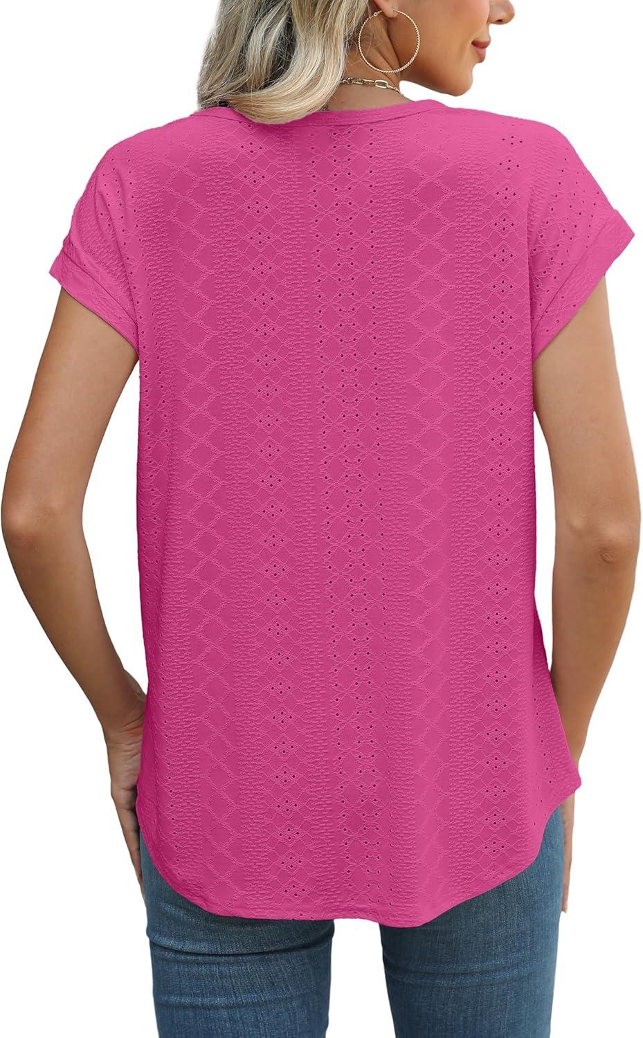 imageXIEERDUO Womens Tops Short Sleeve Shirts Blouses for Women Dressy Casual Cap Sleeve Tops with Curved HemFhot Pink