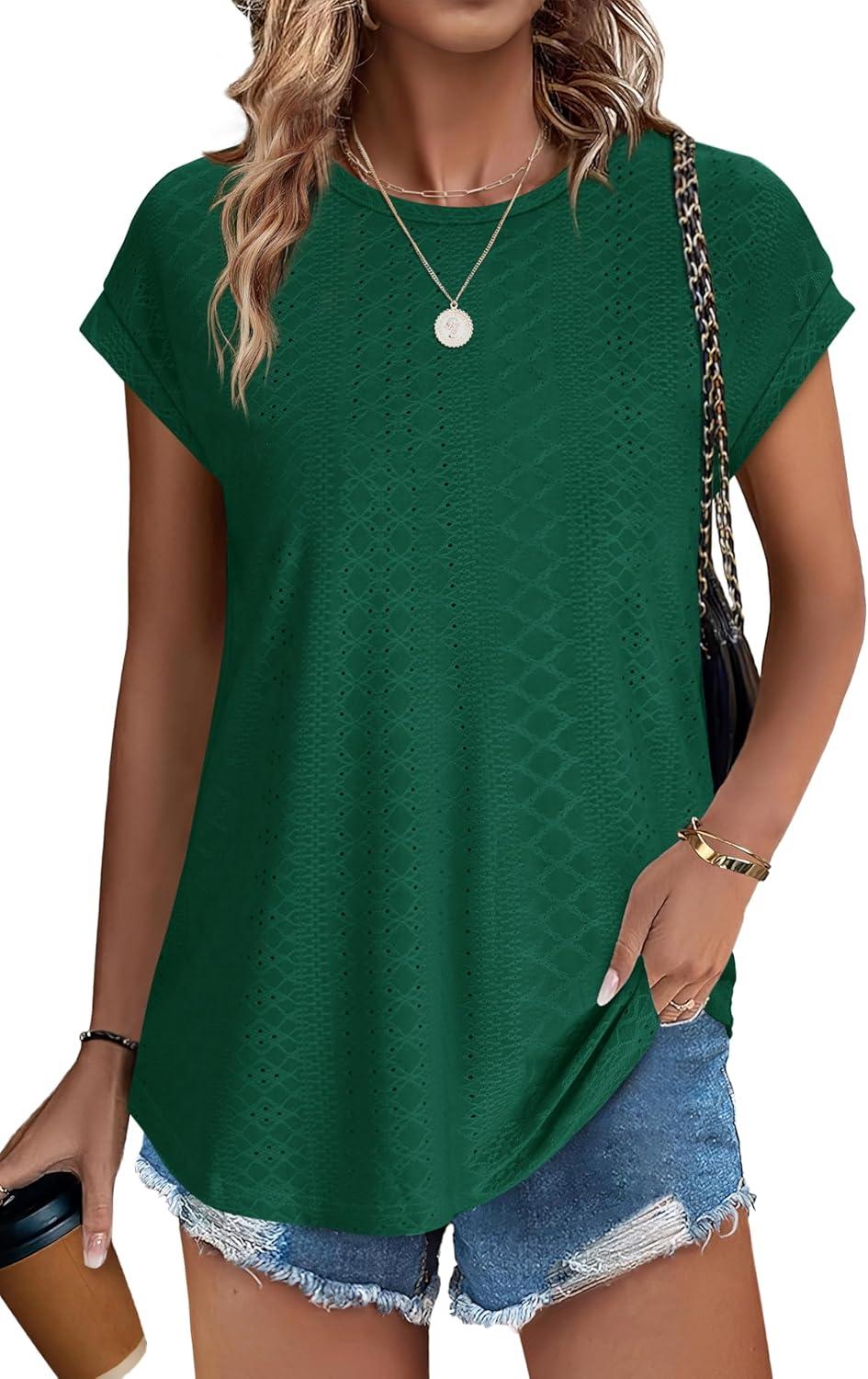 imageXIEERDUO Womens Tops Short Sleeve Shirts Blouses for Women Dressy Casual Cap Sleeve Tops with Curved HemGgreen