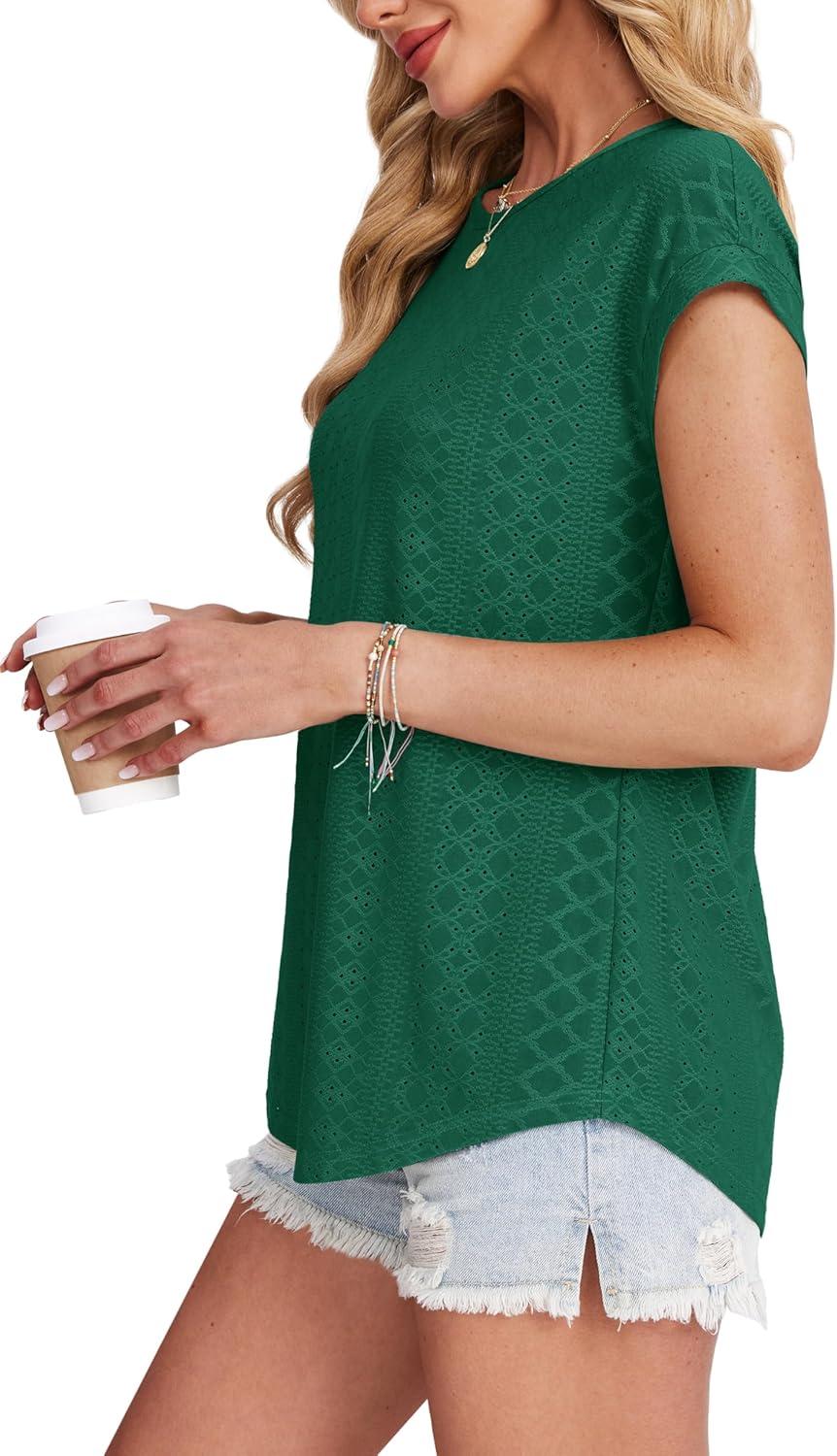 imageXIEERDUO Womens Tops Short Sleeve Shirts Blouses for Women Dressy Casual Cap Sleeve Tops with Curved HemGgreen