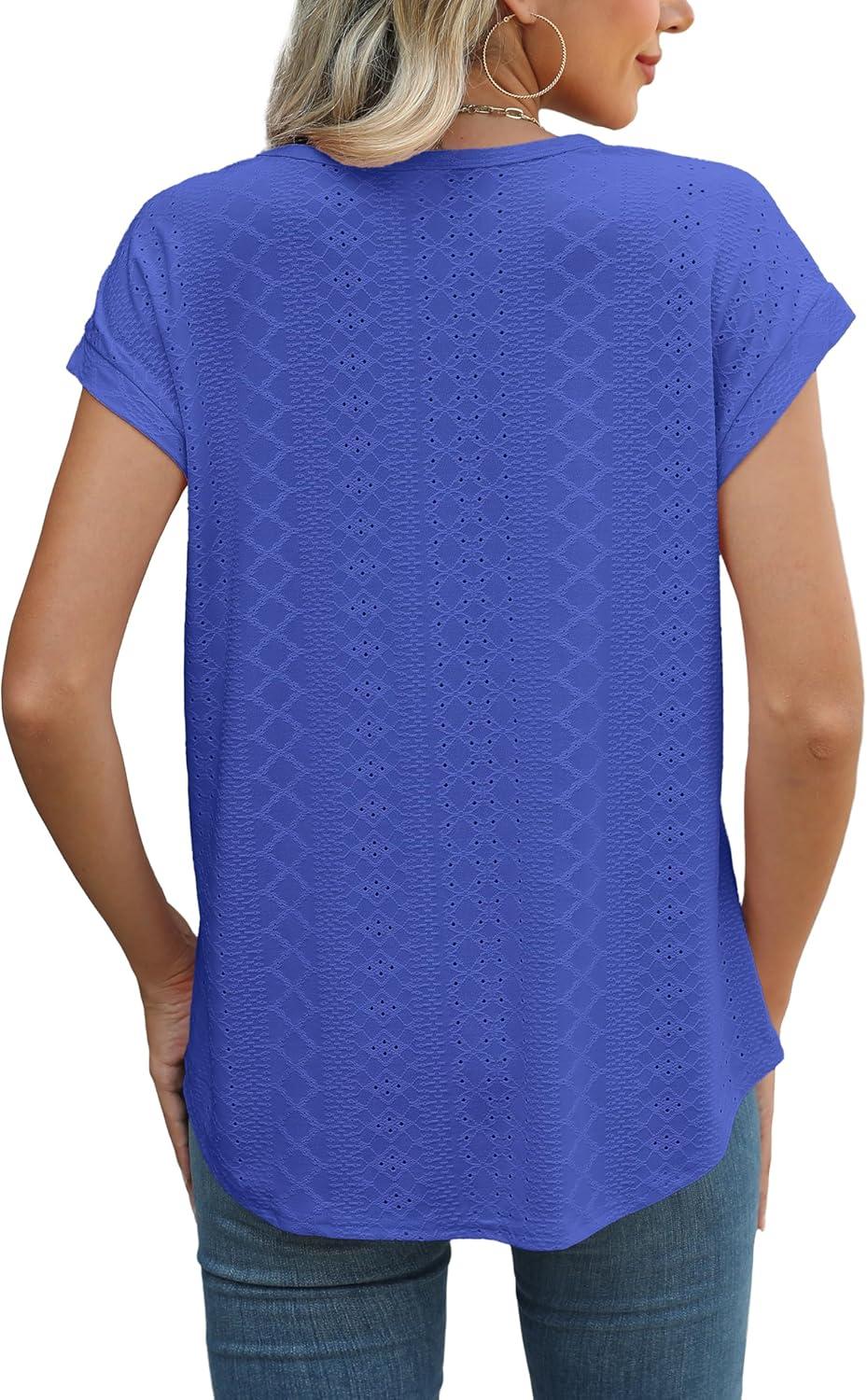 imageXIEERDUO Womens Tops Short Sleeve Shirts Blouses for Women Dressy Casual Cap Sleeve Tops with Curved HemGroyal Blue