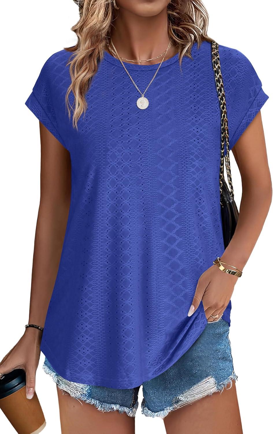 imageXIEERDUO Womens Tops Short Sleeve Shirts Blouses for Women Dressy Casual Cap Sleeve Tops with Curved HemGroyal Blue