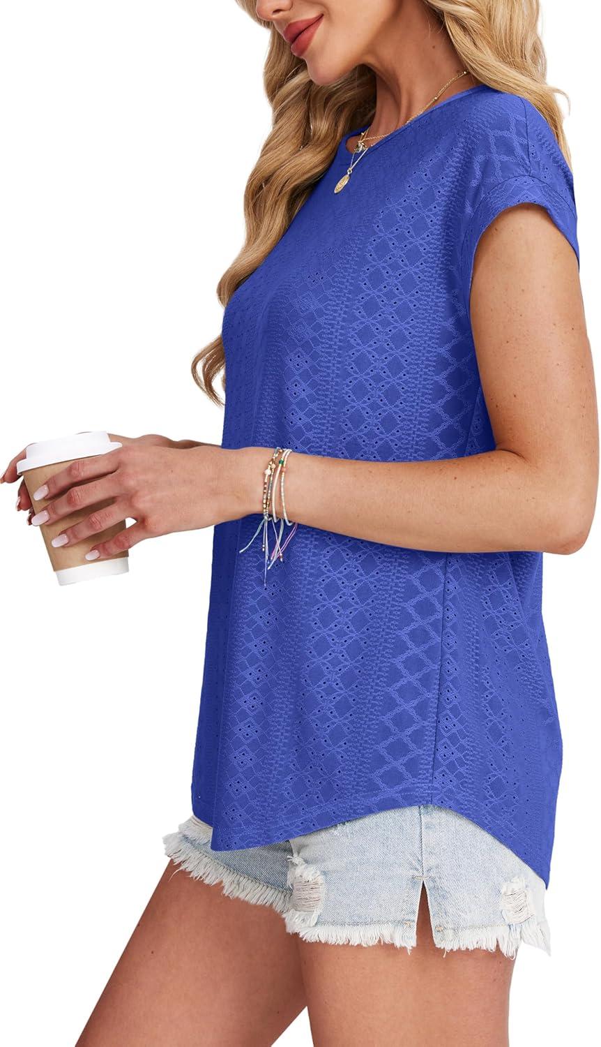 imageXIEERDUO Womens Tops Short Sleeve Shirts Blouses for Women Dressy Casual Cap Sleeve Tops with Curved HemGroyal Blue