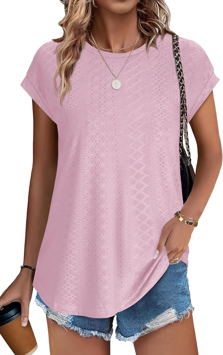 imageXIEERDUO Womens Tops Short Sleeve Shirts Blouses for Women Dressy Casual Cap Sleeve Tops with Curved HemIlight Pink