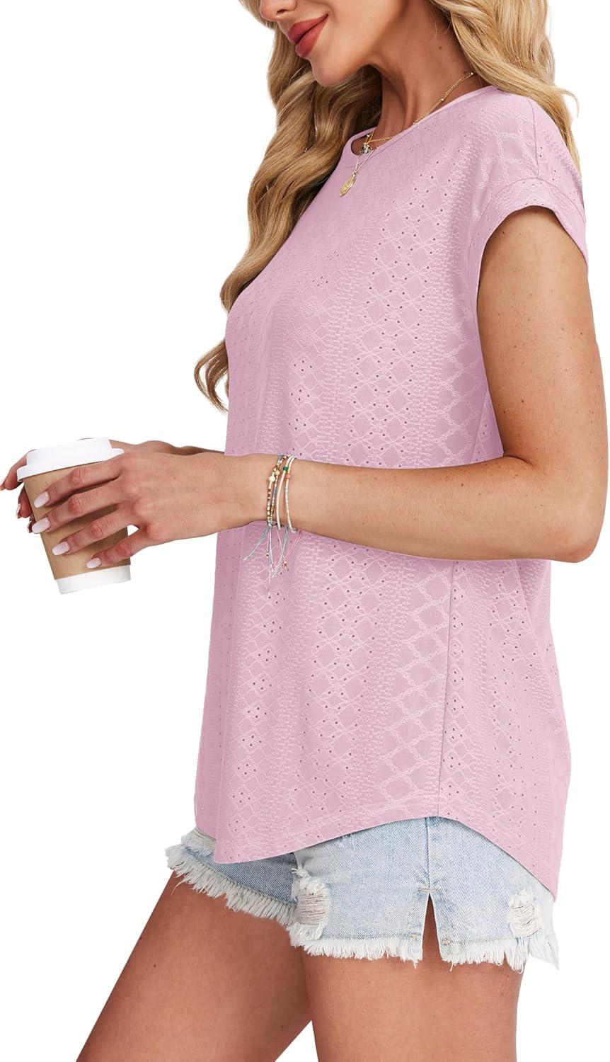 imageXIEERDUO Womens Tops Short Sleeve Shirts Blouses for Women Dressy Casual Cap Sleeve Tops with Curved HemIlight Pink