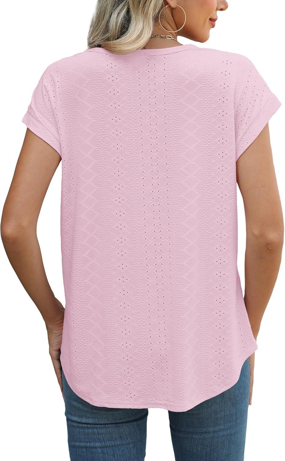 imageXIEERDUO Womens Tops Short Sleeve Shirts Blouses for Women Dressy Casual Cap Sleeve Tops with Curved HemIlight Pink