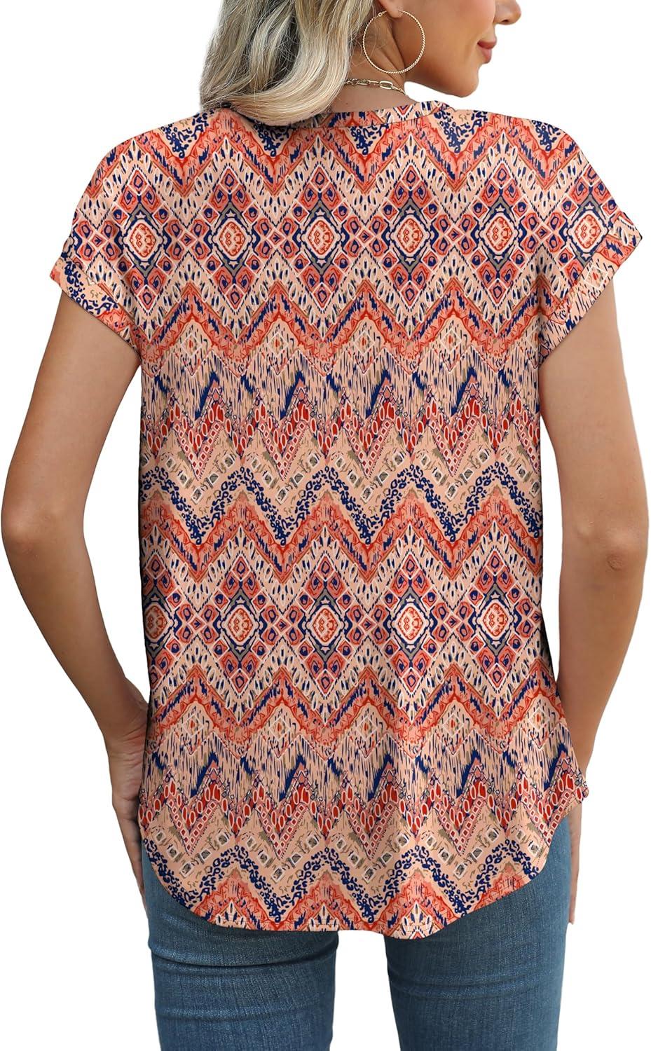 imageXIEERDUO Womens Tops Short Sleeve Shirts Blouses for Women Dressy Casual Cap Sleeve Tops with Curved HemJboho Print