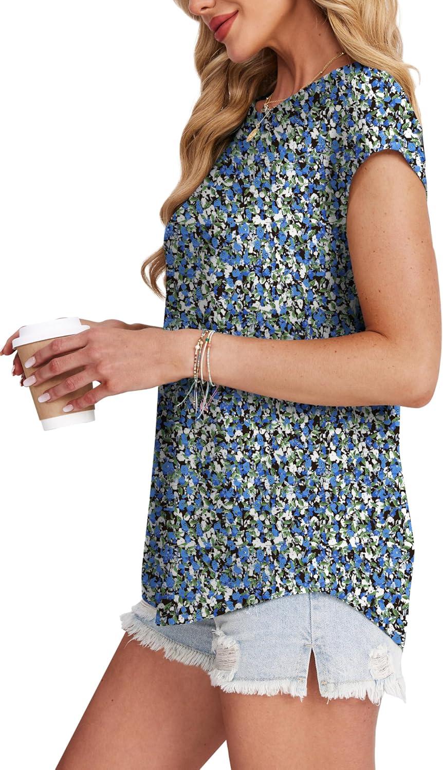 imageXIEERDUO Womens Tops Short Sleeve Shirts Blouses for Women Dressy Casual Cap Sleeve Tops with Curved HemKblue Floral
