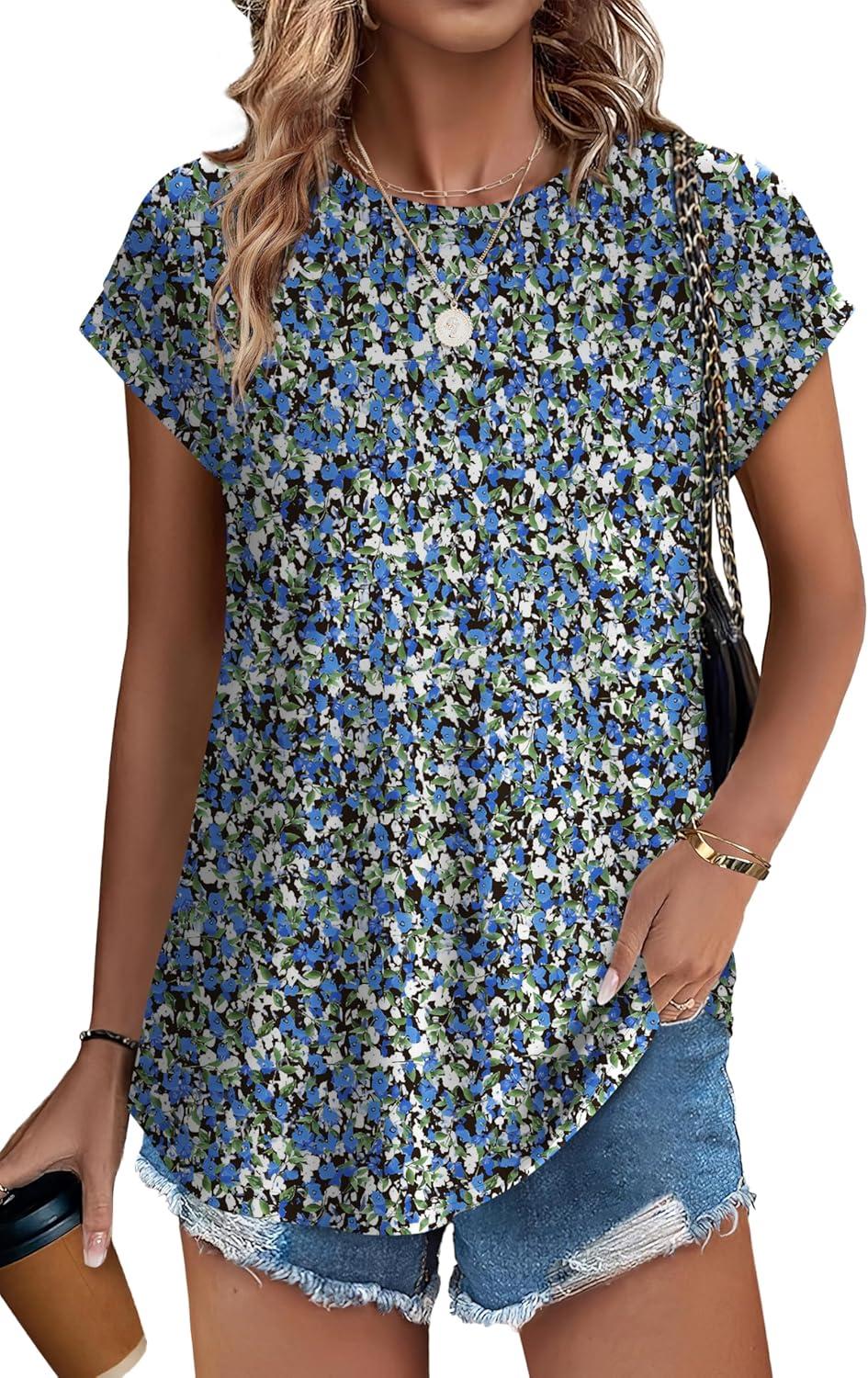 imageXIEERDUO Womens Tops Short Sleeve Shirts Blouses for Women Dressy Casual Cap Sleeve Tops with Curved HemKblue Floral