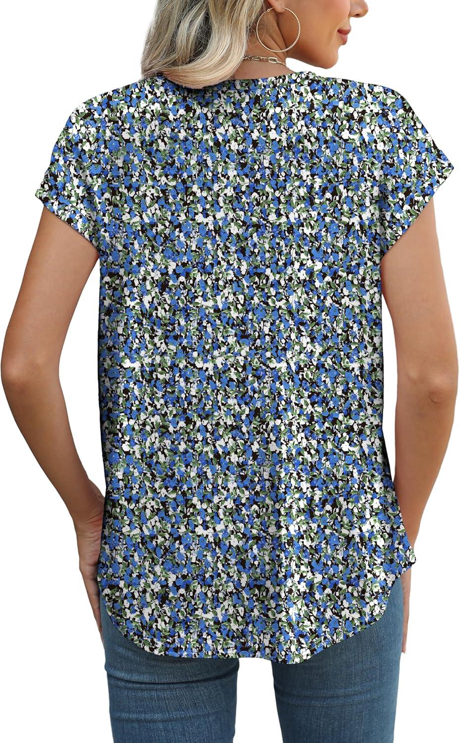 imageXIEERDUO Womens Tops Short Sleeve Shirts Blouses for Women Dressy Casual Cap Sleeve Tops with Curved HemKblue Floral