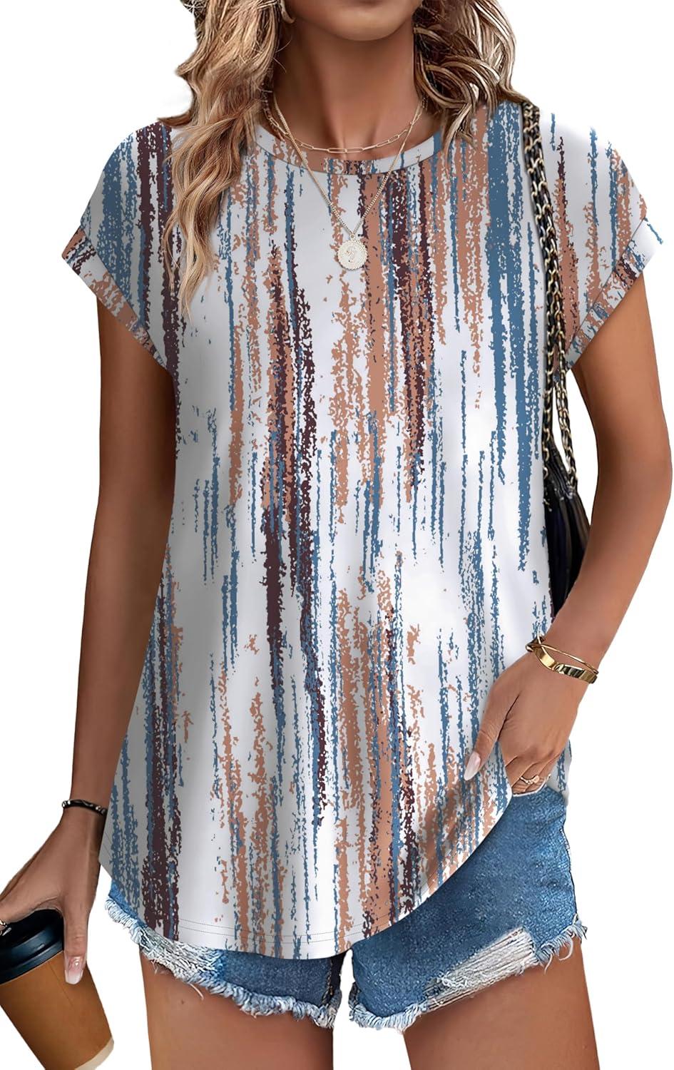 imageXIEERDUO Womens Tops Short Sleeve Shirts Blouses for Women Dressy Casual Cap Sleeve Tops with Curved HemLtie Dye