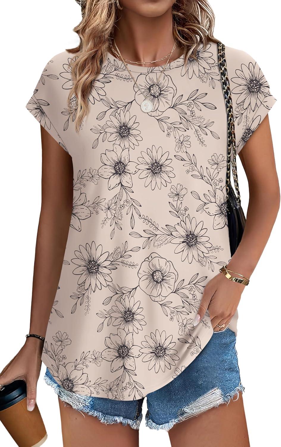 imageXIEERDUO Womens Tops Short Sleeve Shirts Blouses for Women Dressy Casual Cap Sleeve Tops with Curved HemMsunflower