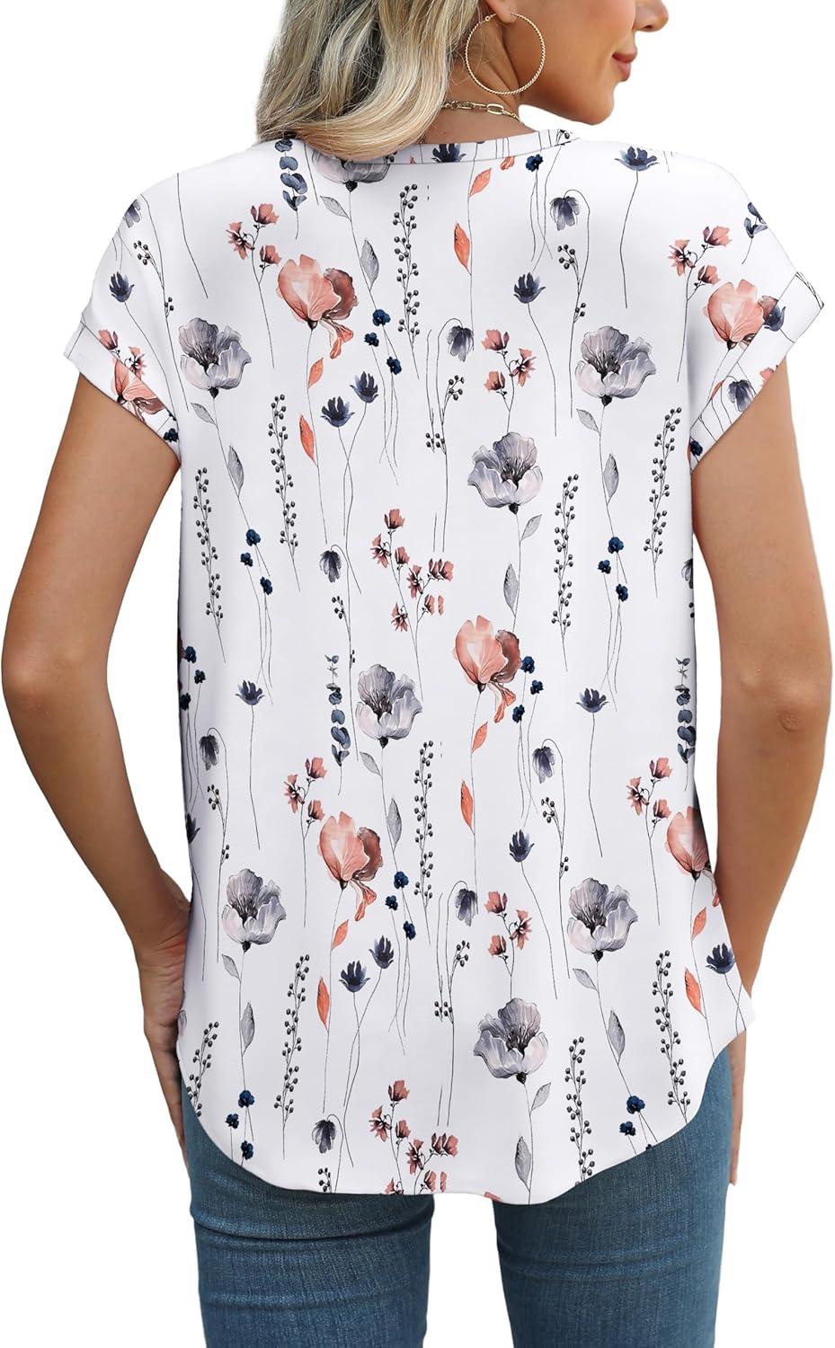 imageXIEERDUO Womens Tops Short Sleeve Shirts Blouses for Women Dressy Casual Cap Sleeve Tops with Curved HemNwhite Flower