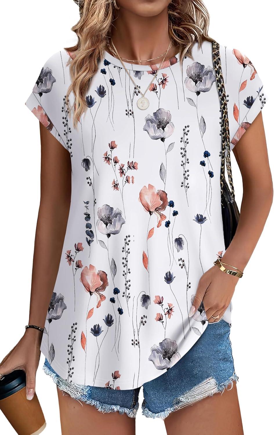 imageXIEERDUO Womens Tops Short Sleeve Shirts Blouses for Women Dressy Casual Cap Sleeve Tops with Curved HemNwhite Flower