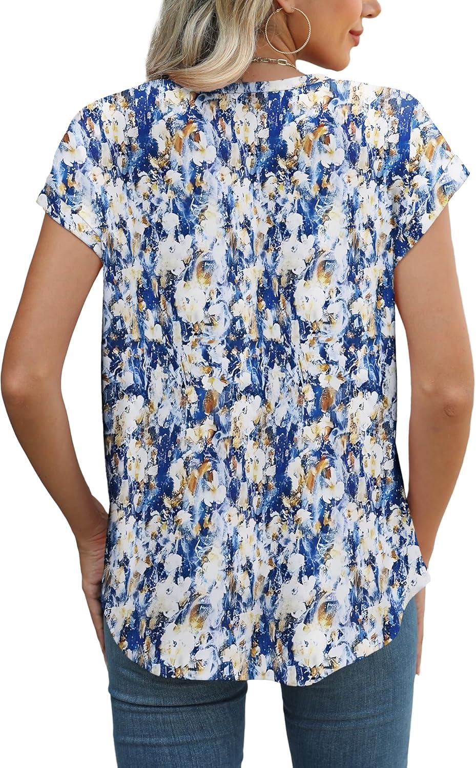 imageXIEERDUO Womens Tops Short Sleeve Shirts Blouses for Women Dressy Casual Cap Sleeve Tops with Curved HemOblue Yellow Print