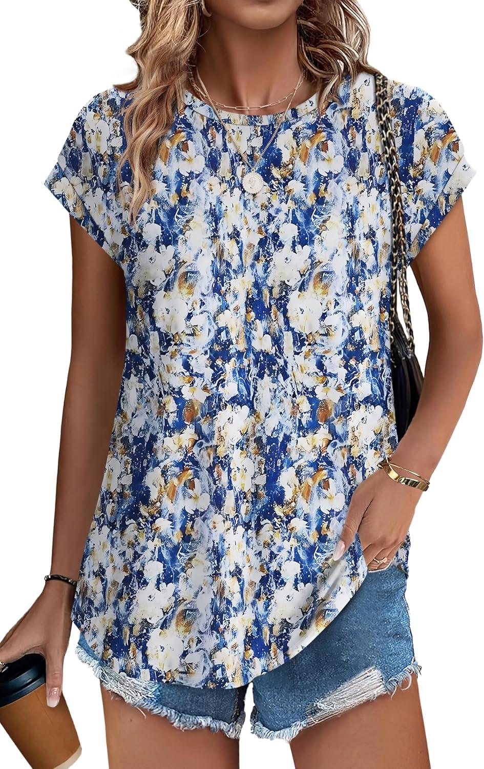 imageXIEERDUO Womens Tops Short Sleeve Shirts Blouses for Women Dressy Casual Cap Sleeve Tops with Curved HemOblue Yellow Print