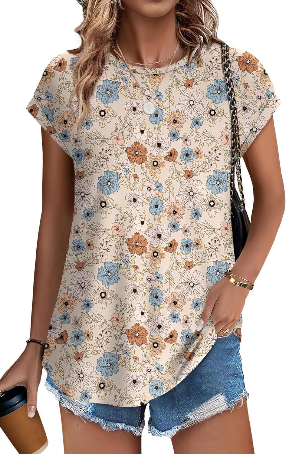 imageXIEERDUO Womens Tops Short Sleeve Shirts Blouses for Women Dressy Casual Cap Sleeve Tops with Curved HemPpink Blue Flower