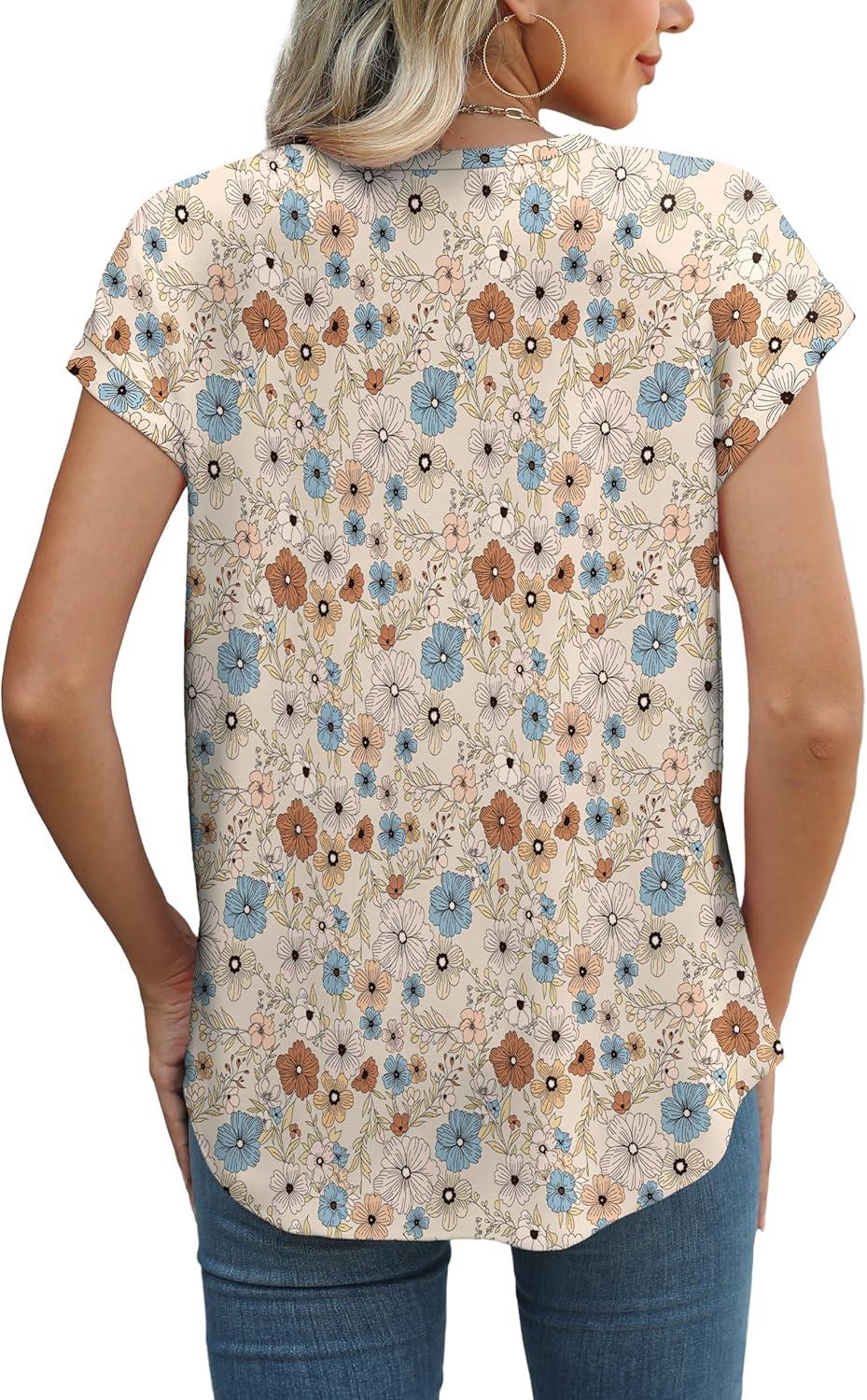 imageXIEERDUO Womens Tops Short Sleeve Shirts Blouses for Women Dressy Casual Cap Sleeve Tops with Curved HemPpink Blue Flower