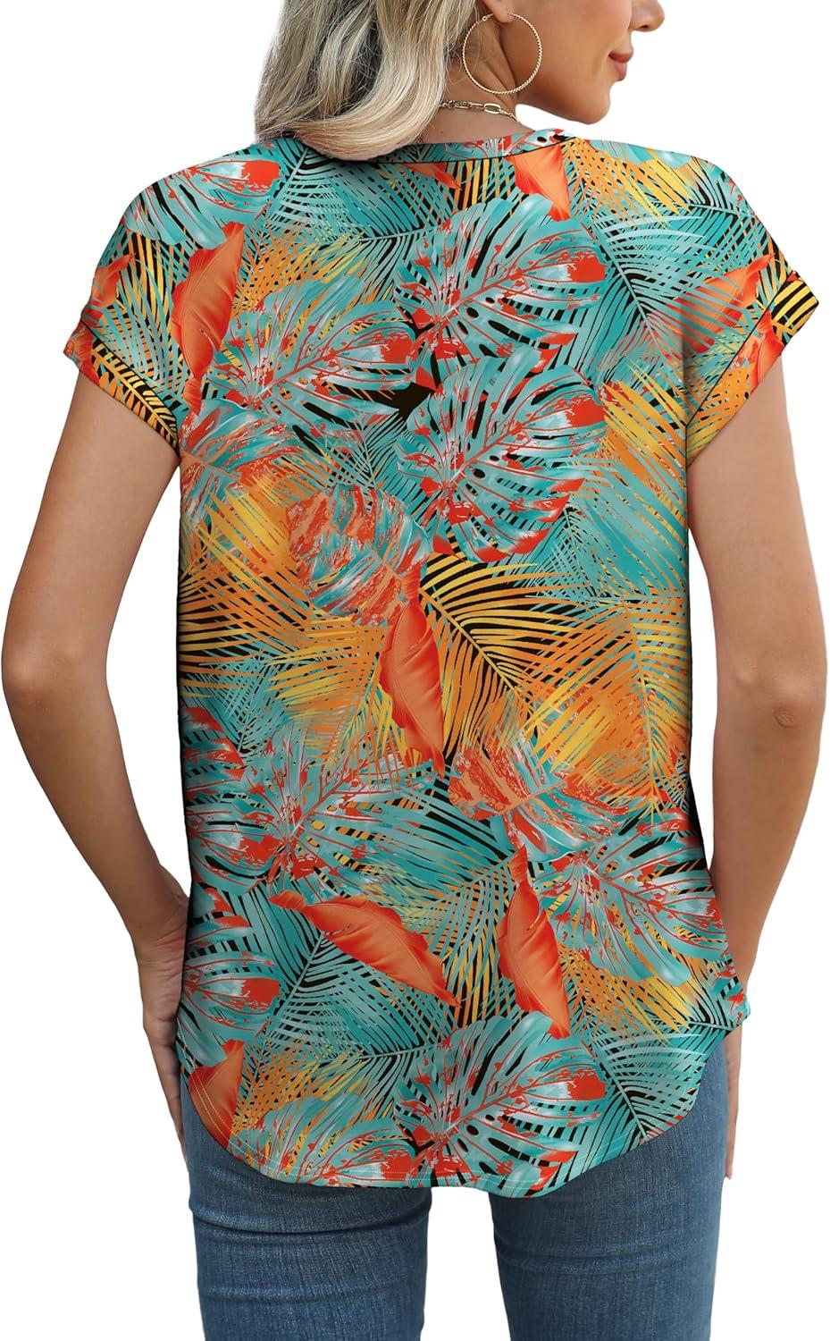 imageXIEERDUO Womens Tops Short Sleeve Shirts Blouses for Women Dressy Casual Cap Sleeve Tops with Curved HemQtropical Leaves