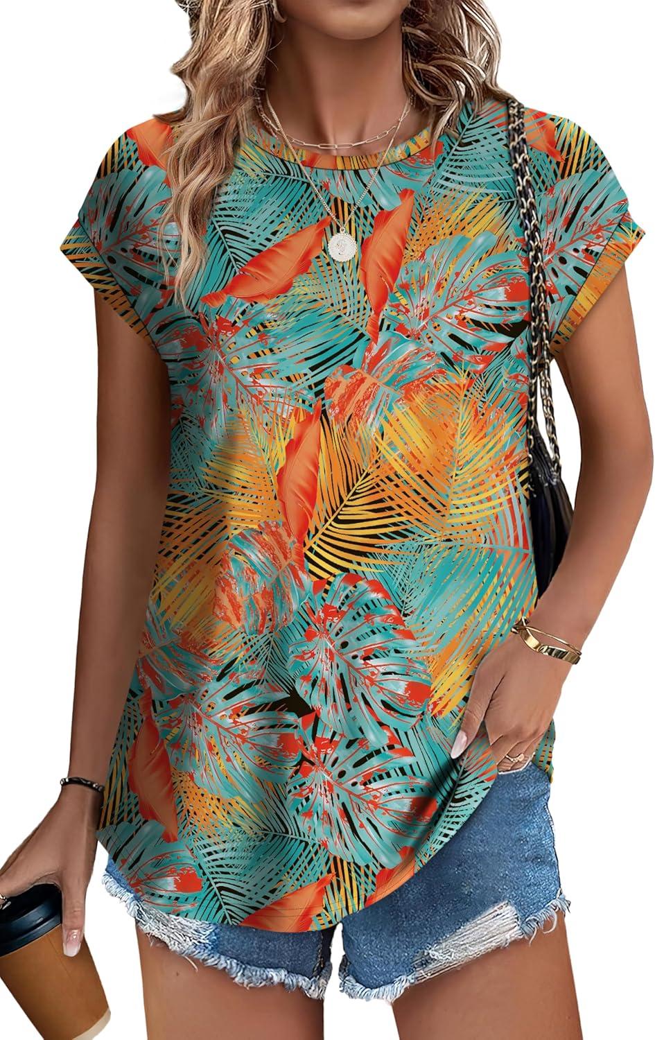 imageXIEERDUO Womens Tops Short Sleeve Shirts Blouses for Women Dressy Casual Cap Sleeve Tops with Curved HemQtropical Leaves
