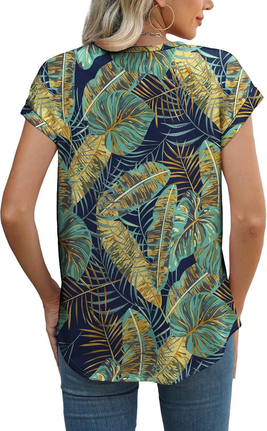 imageXIEERDUO Womens Tops Short Sleeve Shirts Blouses for Women Dressy Casual Cap Sleeve Tops with Curved HemRpalm Leaf