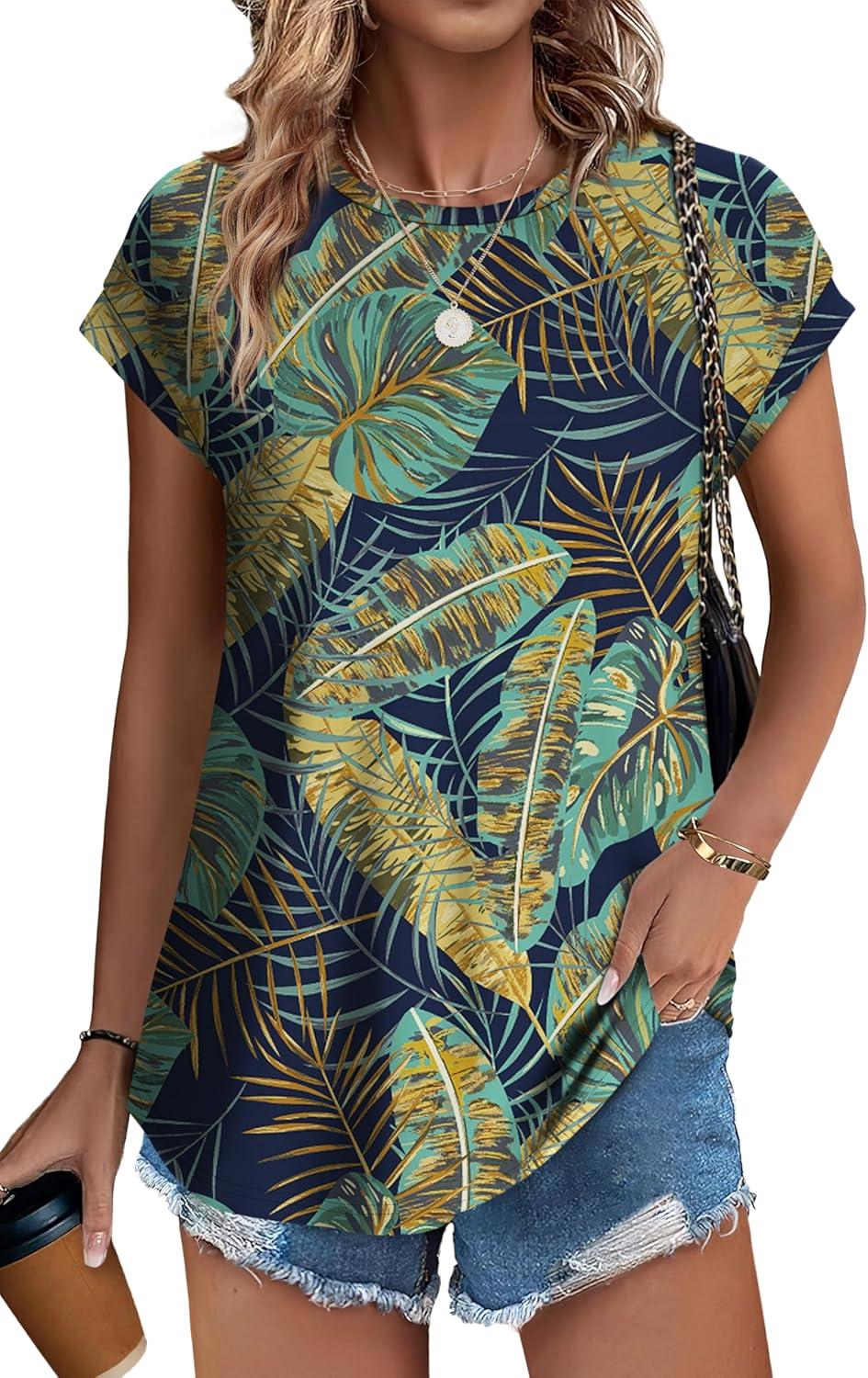 imageXIEERDUO Womens Tops Short Sleeve Shirts Blouses for Women Dressy Casual Cap Sleeve Tops with Curved HemRpalm Leaf