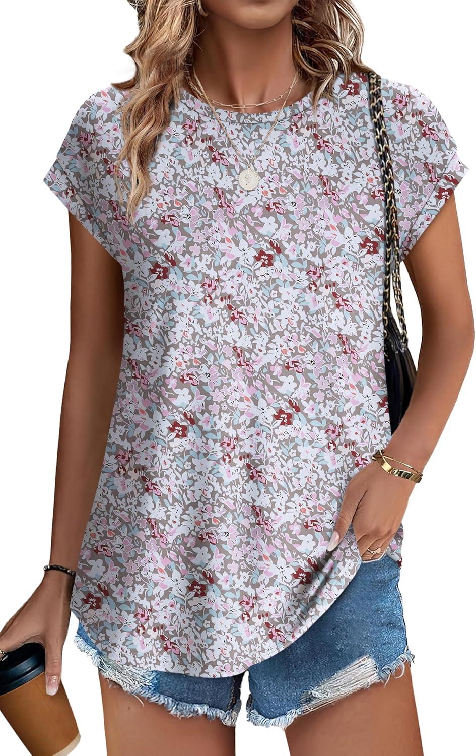 imageXIEERDUO Womens Tops Short Sleeve Shirts Blouses for Women Dressy Casual Cap Sleeve Tops with Curved HemSpink Blue Floral